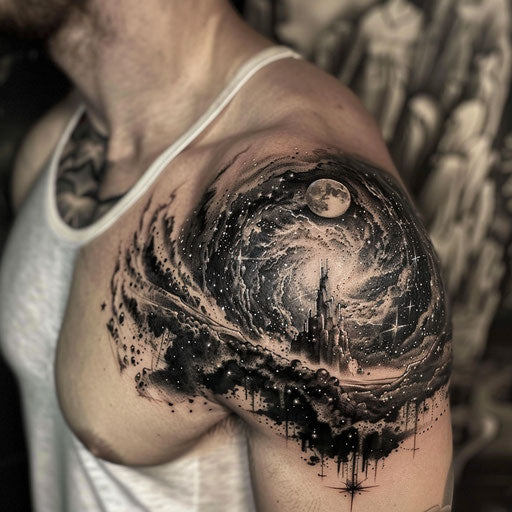 Meaningful tattoos for men with a galaxy and stars on the shoulder