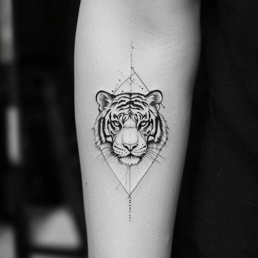 Japanese tiger tattoo with minimalist lines and sharp contrasts