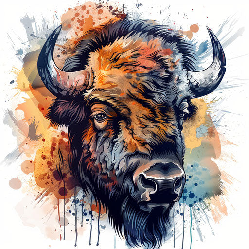 Dynamic bison tattoo sketch with watercolor splashes