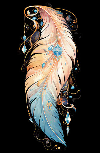 Feather with indigenous motifs, pink, blue, light brown, amber