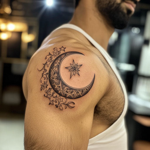 Arabic tattoo with crescent moon and star on shoulder