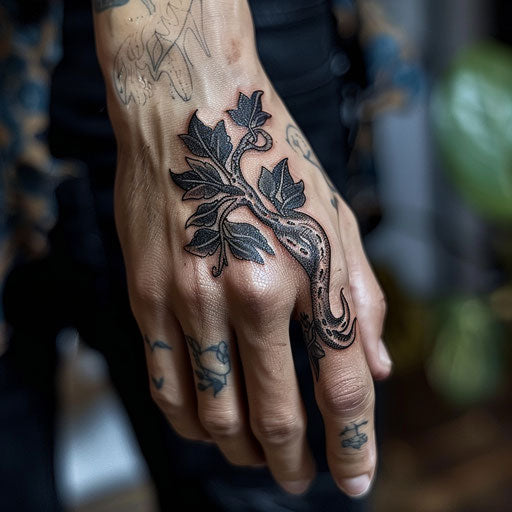 Interwoven vine ring tattoo, Guy Aitchison style, on finger