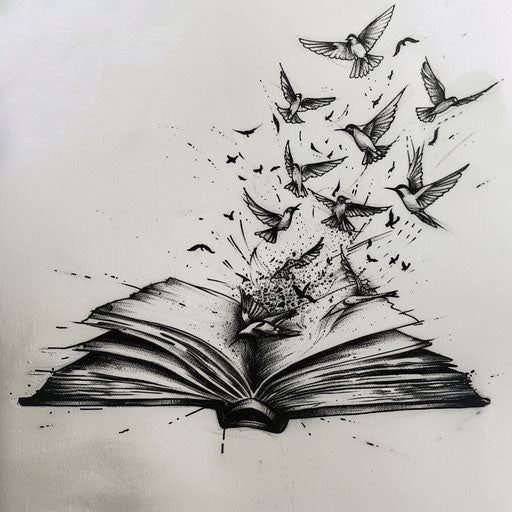 Tattoo of open book with pages turning into birds, dreams