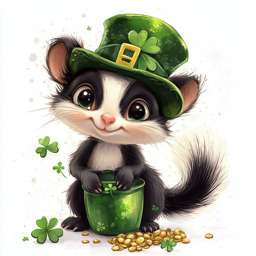St. Patrick's Day, cute baby skunk with green hat and shamrocks clipart