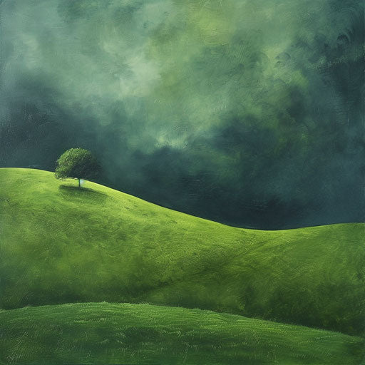 Green field with tree in zen romantic storms