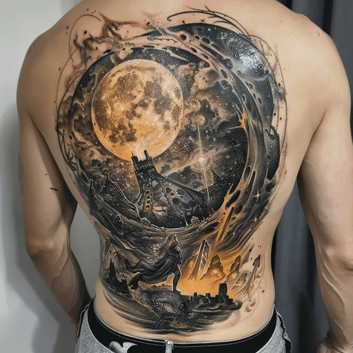 Lower back tattoo celestial theme, J.P. Targete style