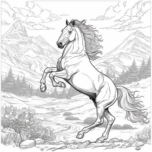 Horse rearing in front of mountain range