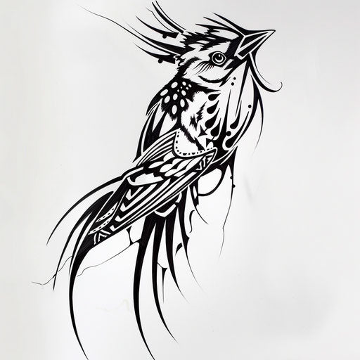 Tribal sparrow tattoo design with sharp edges and black ink