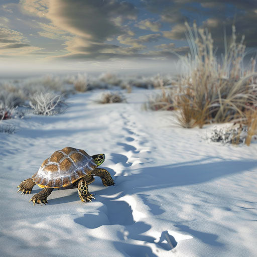 Footprints in the snow by a turtle