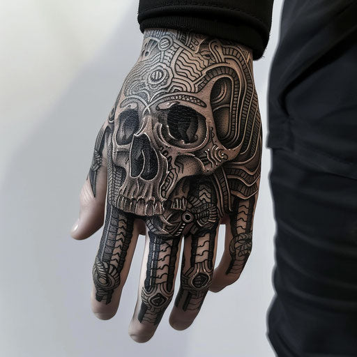 Skull hand tattoo in the style of Guy Aitchison with intricate biomechanical designs