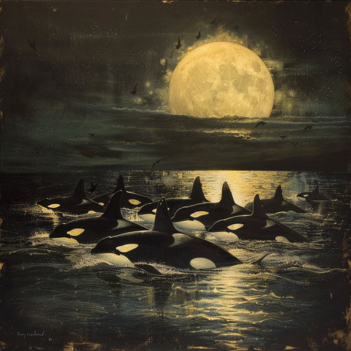 Golden glow: harmony of moon and orcas in the ocean