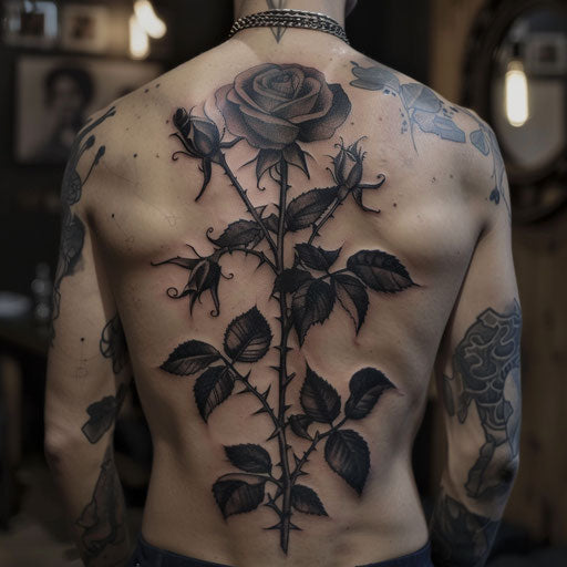 Rose tattoos for men in the style of Gerald Brom with dark, mystical roses