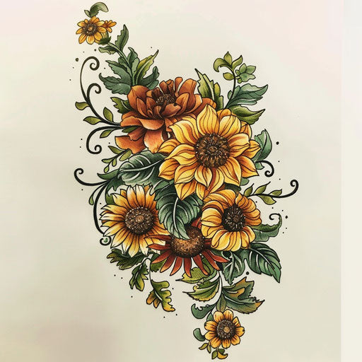 Dynamic tattoo sketch of a birth flower bouquet with swirling marigolds and sunflowers