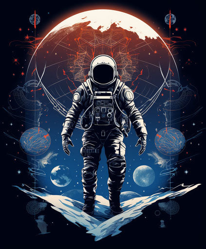 Astronaut flying in space, intricate geometric style