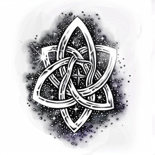 Celtic knot tattoo with cosmic theme on white background