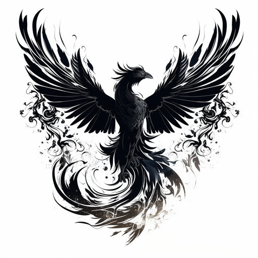 Black and white silhouette of a winged bird, mythic creature style