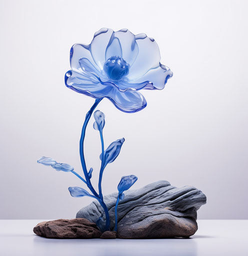 Blue flower surrounded by gravel, translucent resin style