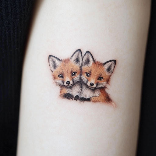 Matching small tattoos of tiny foxes in Glenn Fabry style