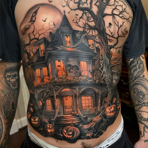 Men's stomach tattoos of a haunted house