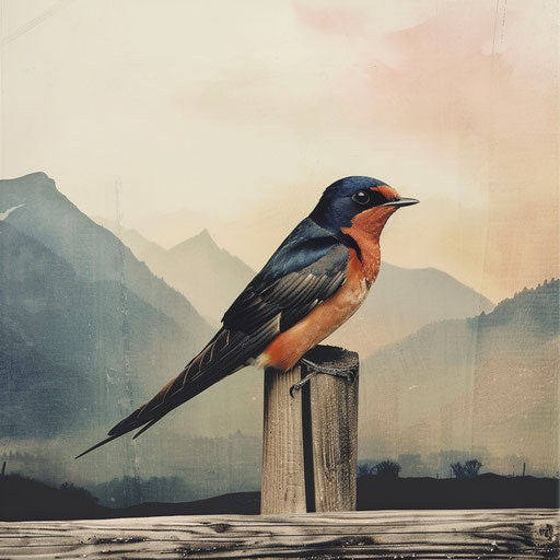 Barn swallow bird on a wooden fence with mountains in the background, in the style of Simen Johan