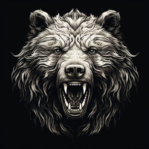 Aggressive digital illustration of bear head in woodcut style