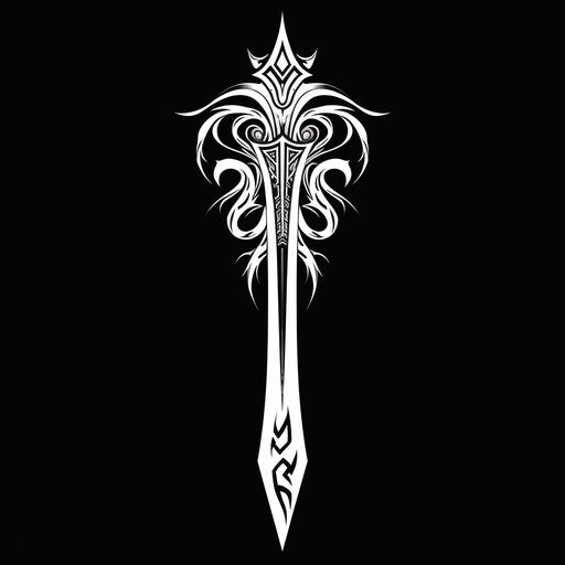 Art Deco sword drawing and design, black and white style, cybermysticpunk