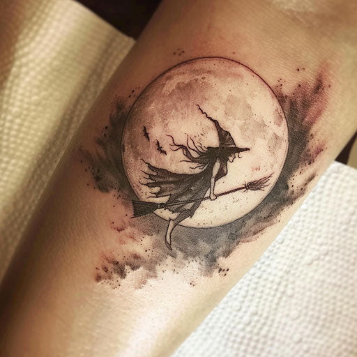 Detailed witch flying on broom against moon