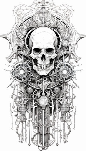 Robot with symbol, detailed ink style, necronomicon illustrations