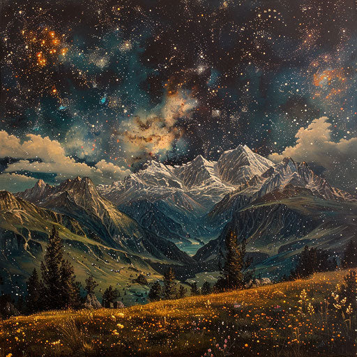 The Alps under a starry night sky, in the style of Leszek Bujnowski