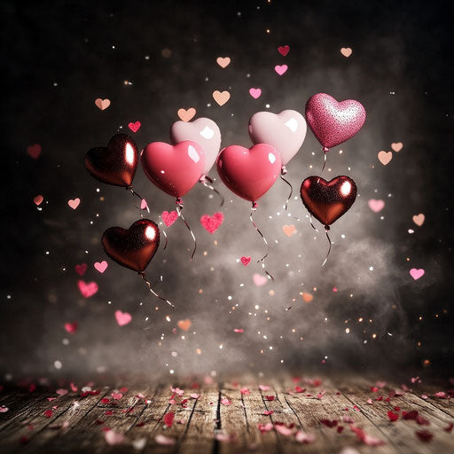 Romantic atmosphere with heart-shaped balloons and confetti
