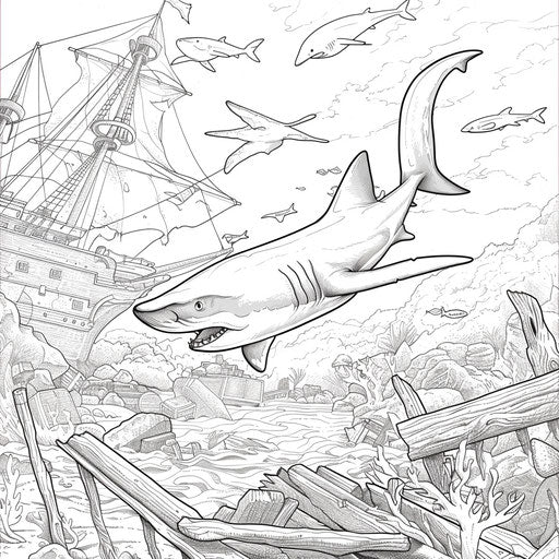 Hammerhead shark swimming above shipwreck. Coloring page