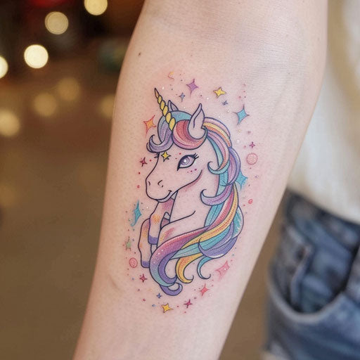 Whimsical girly tattoo design with mythical unicorns and pastel rainbow