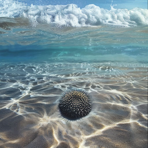 Sea urchin on a sandy seabed with gentle waves