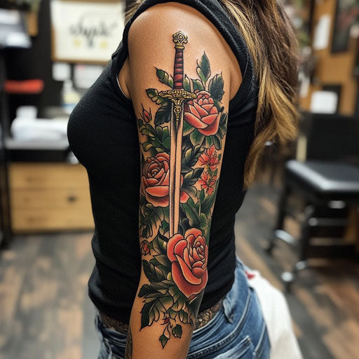 Flower sleeve tattoo with roses and dagger
