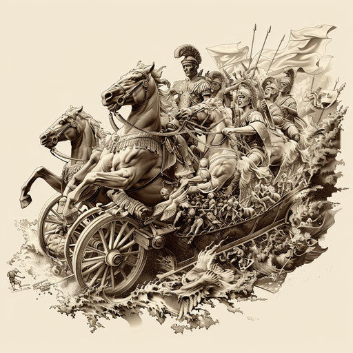 Roman chariot race tattoo in detailed sepia on white background