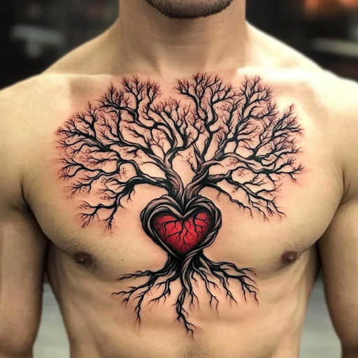 Tree tattoos for men depicting a tree with roots wrapping around a heart, in the style of Ed Hardy