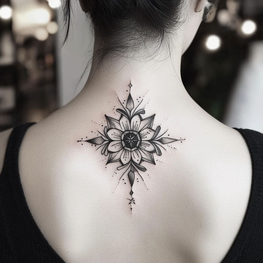 Geometric starburst back shoulder tattoo in flat clipart style