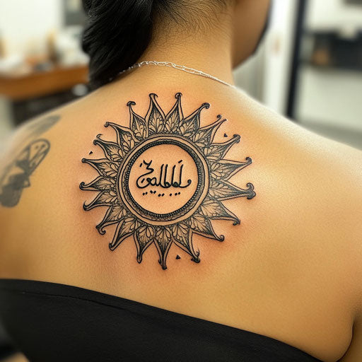 Arabic tattoo with sunburst design surrounding a name on shoulder
