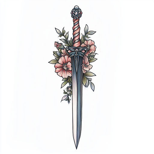 Men's small neck tattoo with floral dagger design