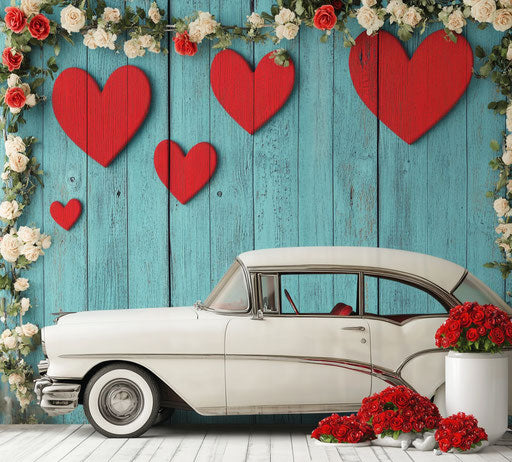 Vintage car with heart-shaped windows and red roses on blue background