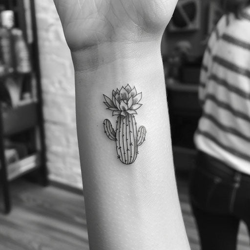 Abstract small cactus flower tattoo design in bold ink strokes on white surface