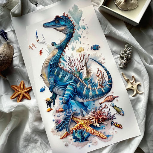 Oceanic themed dinosaur tattoo illustration, with a plesiosaur swimming among sea life on a white sheet