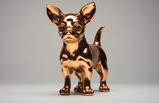 Brown chihuahua on white background, maroon and gold style, polished surfaces, exaggerated features
