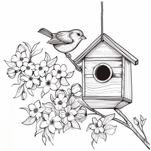 Birdhouse hanging from blossoming tree branch