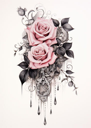 Roses and beads in black and white suspended, tattoo style