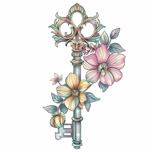 Clipart tattoo sketch of an ornate key with floral embellishments in pastel colors
