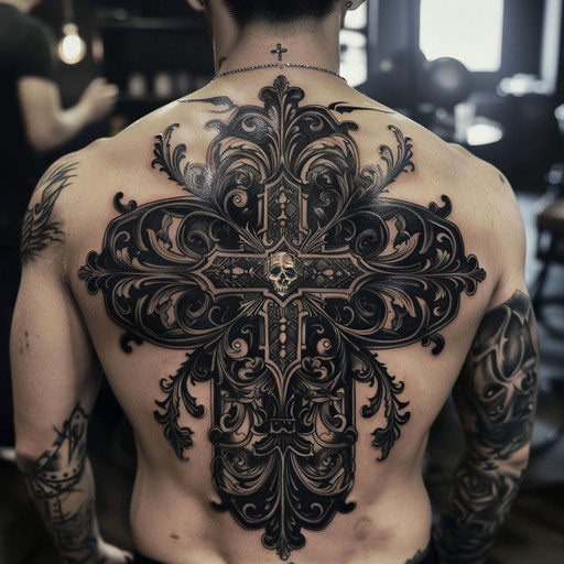 Dark and gothic-themed cross tattoo with intricate details for men