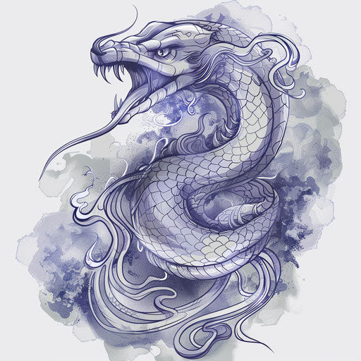 Eerie tattoo sketch of serpent emerging from mist, muted grays and blues, clipart style