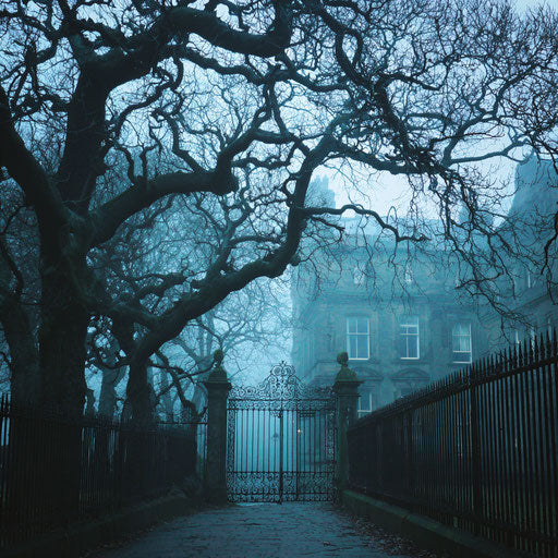 Dark trees and a mysterious gate on the path