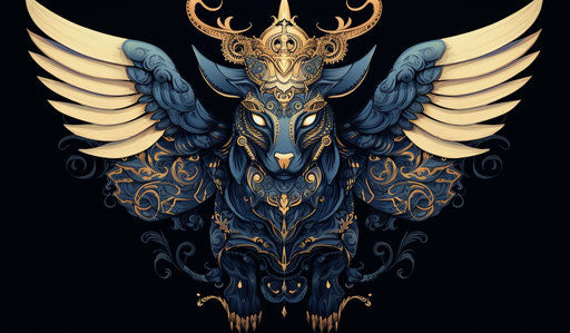 Egyptian winged bull, engraved ornaments, moche art, 77:45